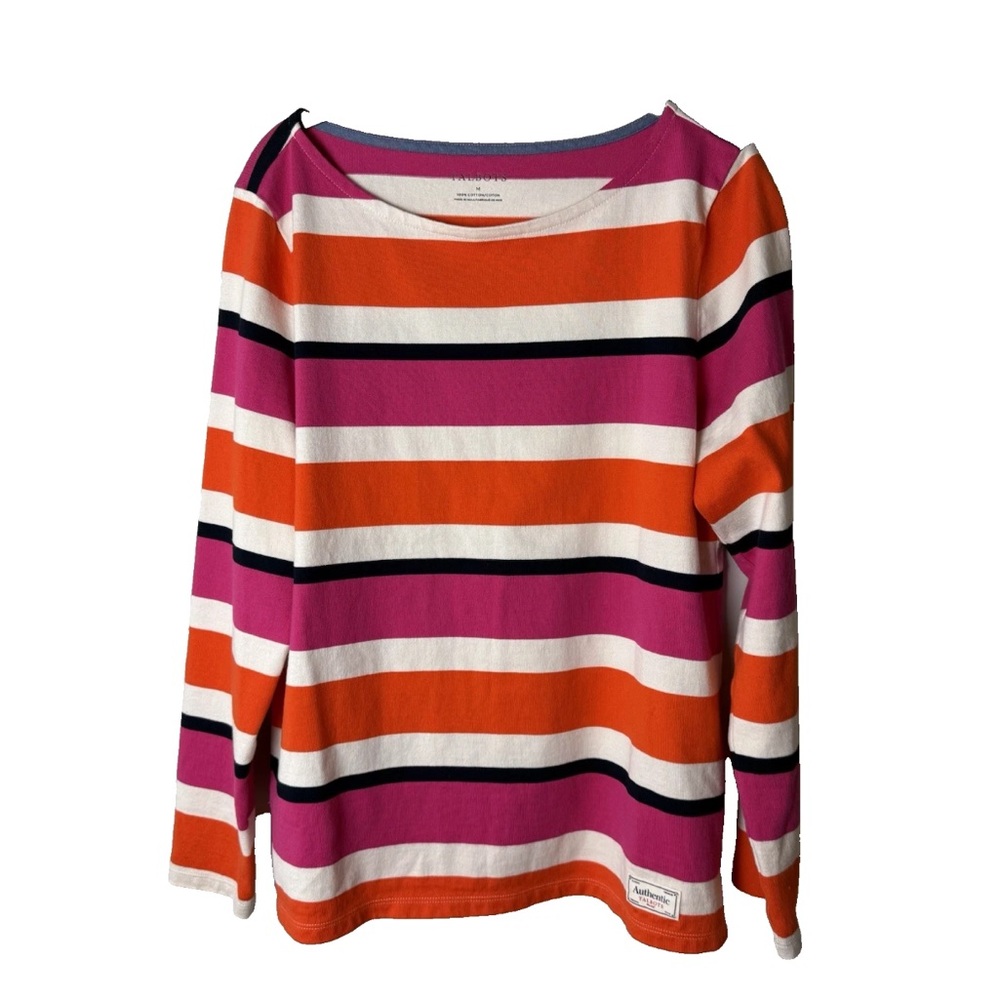 Talbots Top Size Medium Shirt Long Sleeves Cotton Stripes Orange Navy Pink White